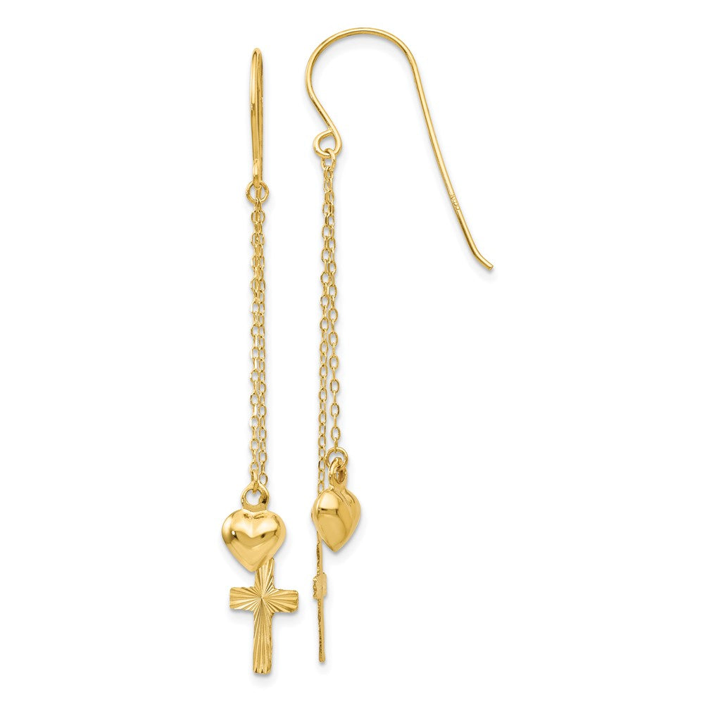 14k Yellow Gold 8 mm Ropa Chain Puffed Heart and Diamond Cut Cross Dangle Earrings (1.17 grams)