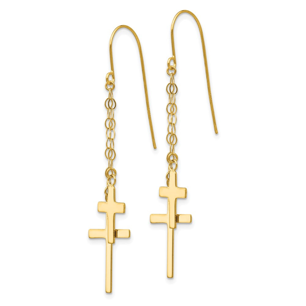 14k Yellow Gold 12 mm Chain Dangle Cross Shepherd Hook Earrings (1.1 grams)