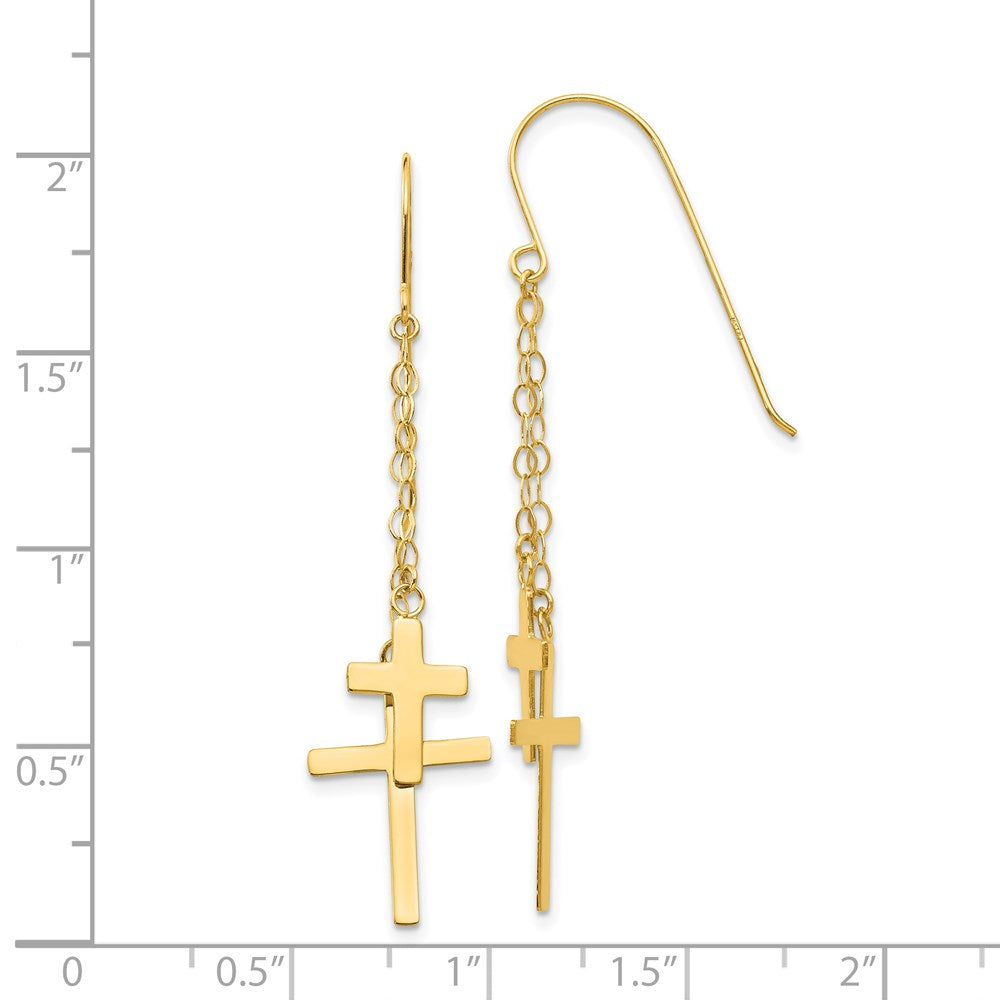 14k Yellow Gold 12 mm Chain Dangle Cross Shepherd Hook Earrings (1.1 grams)