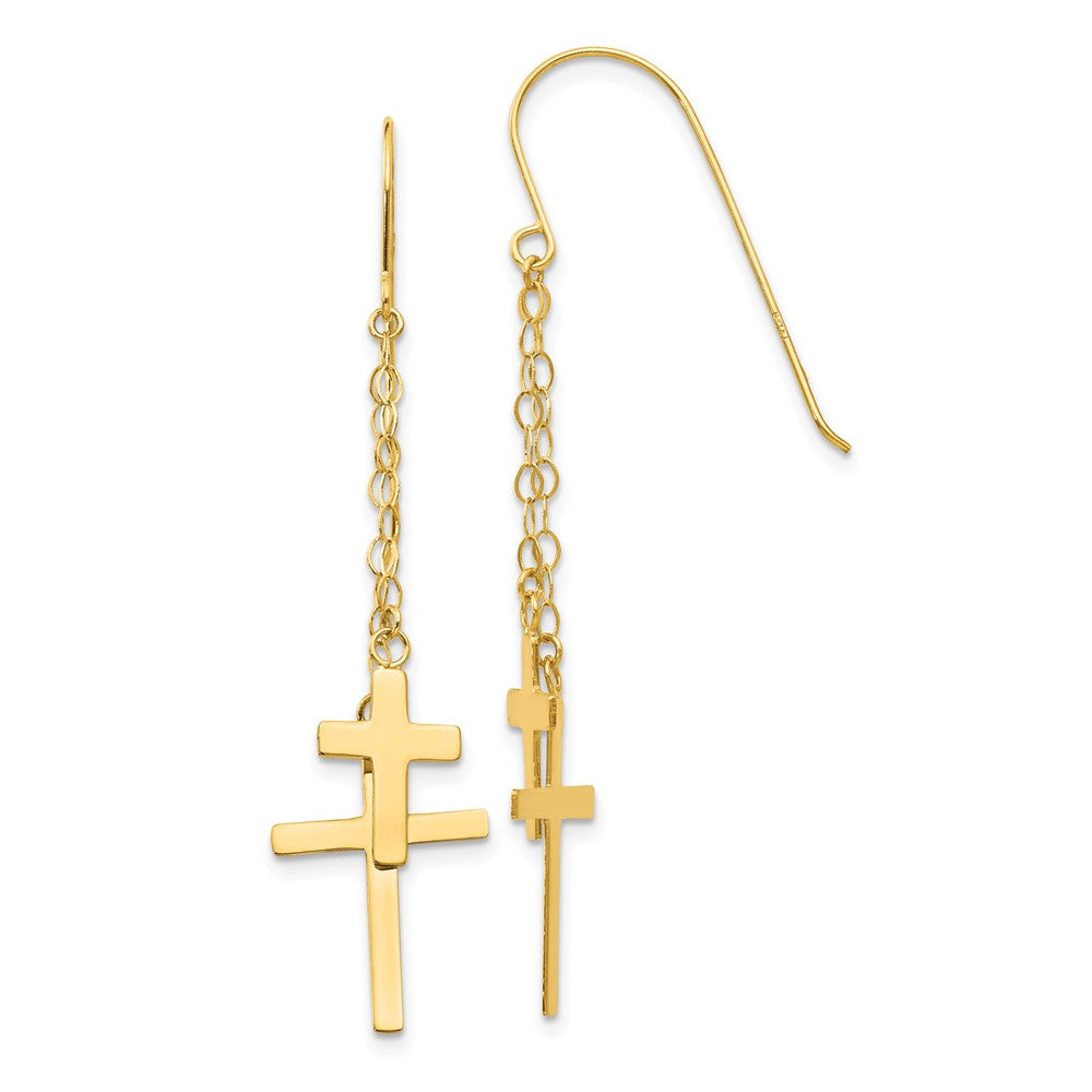 14k Yellow Gold 12 mm Chain Dangle Cross Shepherd Hook Earrings (1.1 grams)