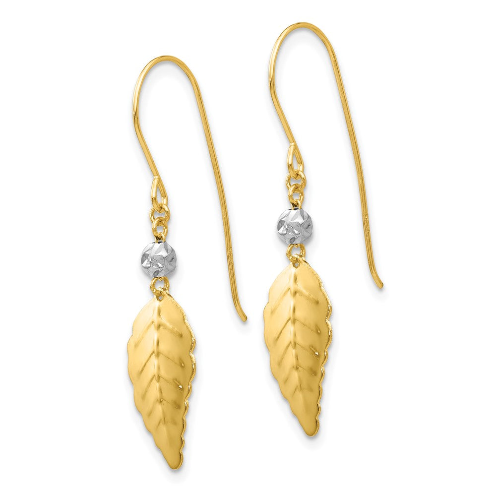 14k Two-tone 10 mm Two Tone Stamped Leaf Shepherd Hook Earrings (0.84 grams)