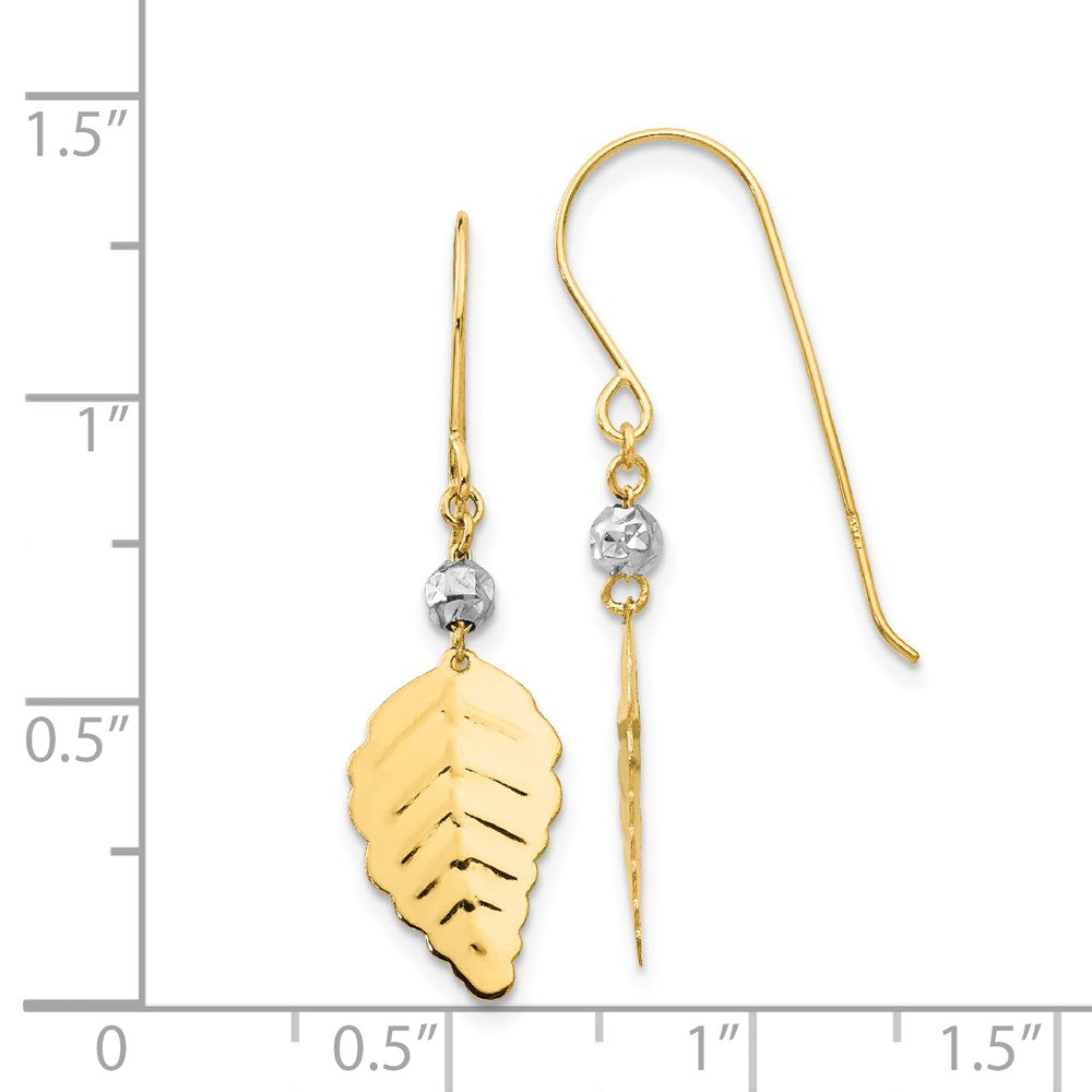 14k Two-tone 10 mm Two Tone Stamped Leaf Shepherd Hook Earrings (0.84 grams)