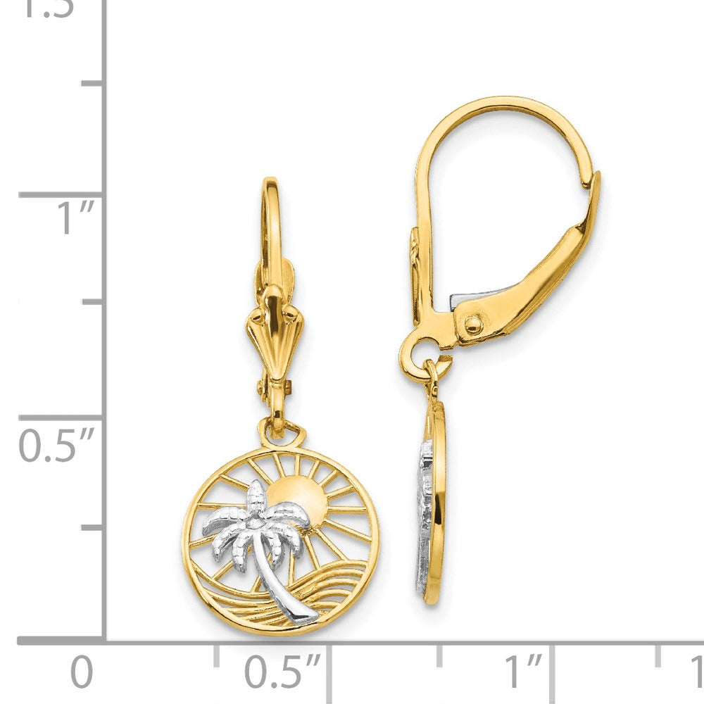 14k Yellow & Rhodium 11 mm Palm Tree Leverback Earrings (2 grams)