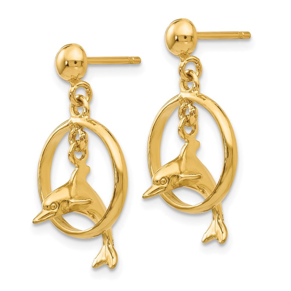 14k Yellow Gold 13 mm Polished 3-D Dolphin Jumping Through Hoop Dangle Earrings (2.79 grams)