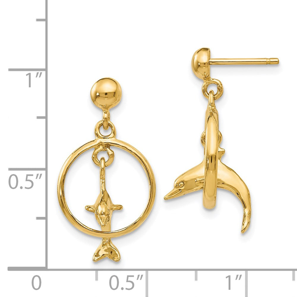 14k Yellow Gold 13 mm Polished 3-D Dolphin Jumping Through Hoop Dangle Earrings (2.79 grams)