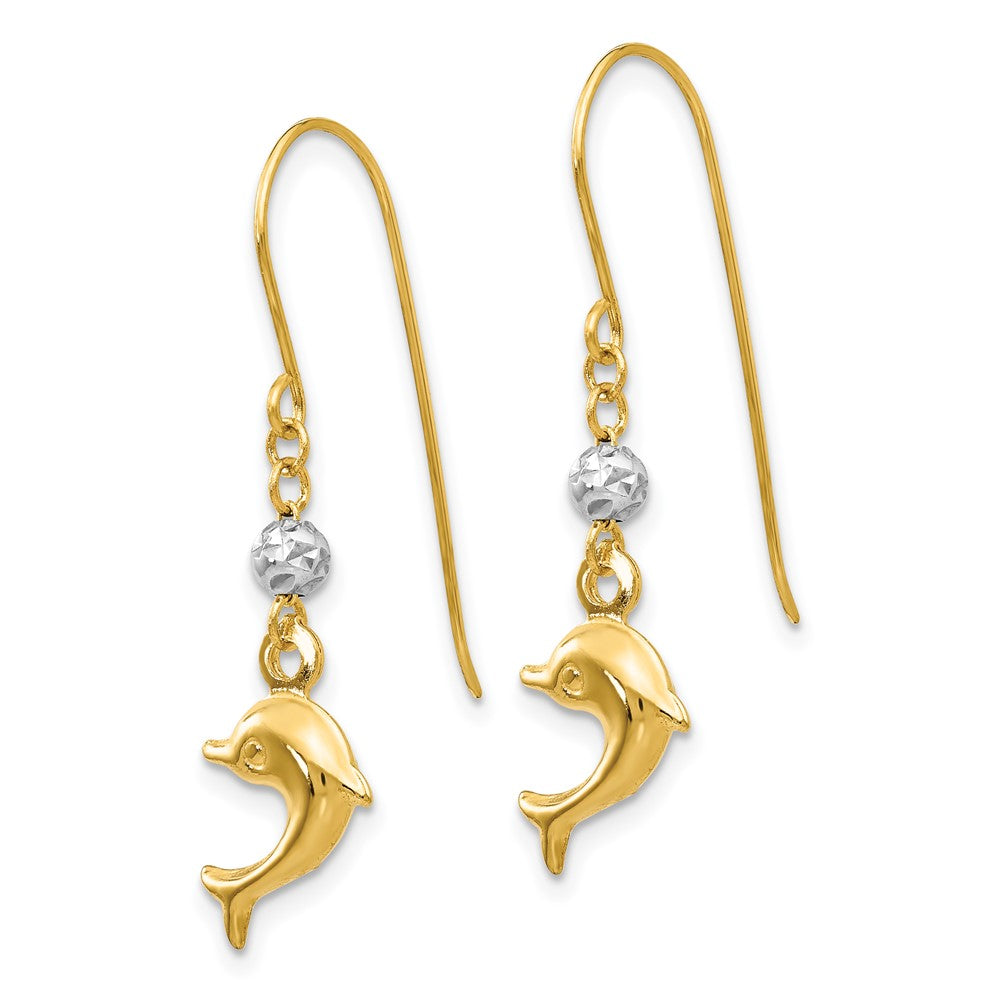 14k Two-tone 8 mm Two Toned Puffed Dolphin Shepherd Hook Earrings (1.08 grams)