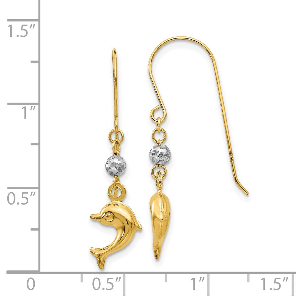 14k Two-tone 8 mm Two Toned Puffed Dolphin Shepherd Hook Earrings (1.08 grams)