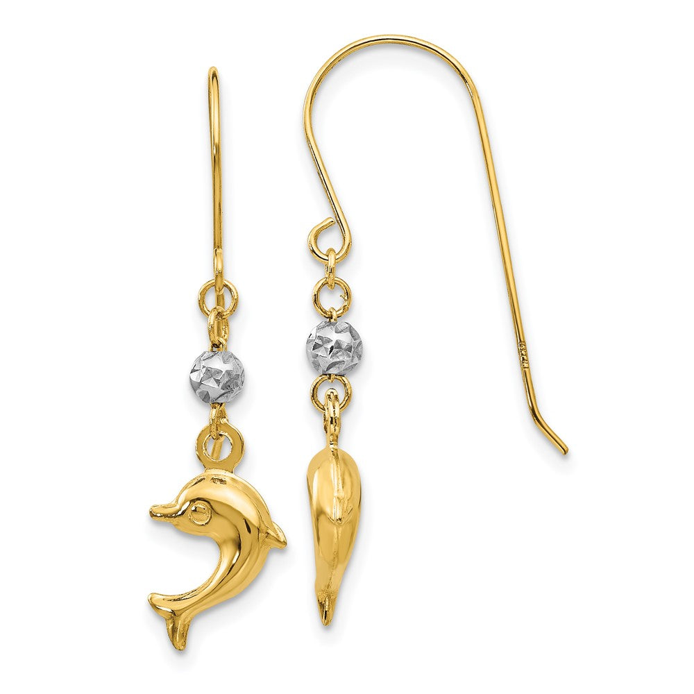 14k Two-tone 8 mm Two Toned Puffed Dolphin Shepherd Hook Earrings (1.08 grams)