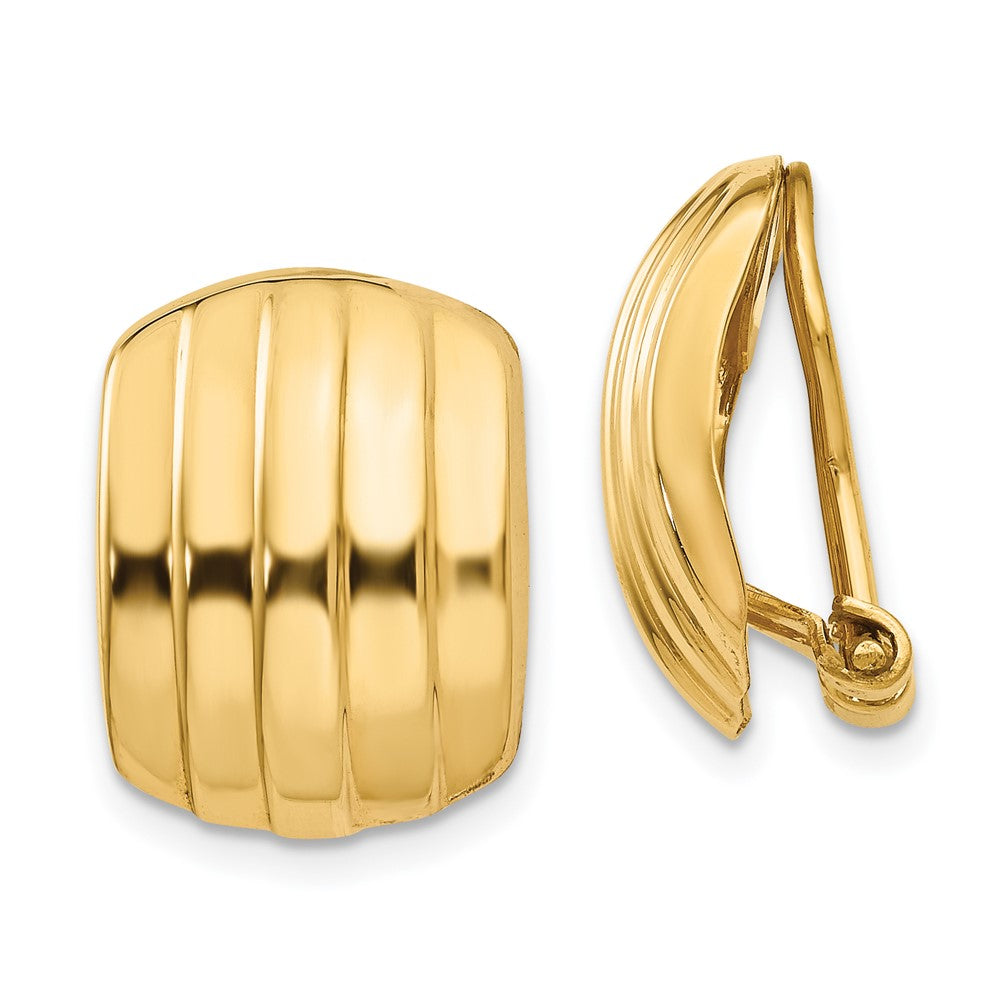 14k Yellow Gold 12 mm Polished Ribbed Non-pierced Omega Back Earrings (3.15 grams)