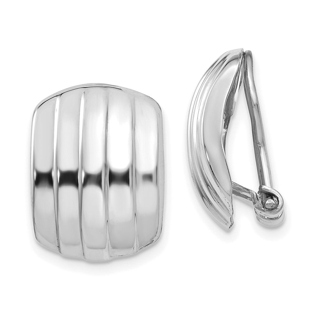 14k White Gold 12 mm Polished Ribbed Non-pierced Omega Back Earrings (3.33 grams)