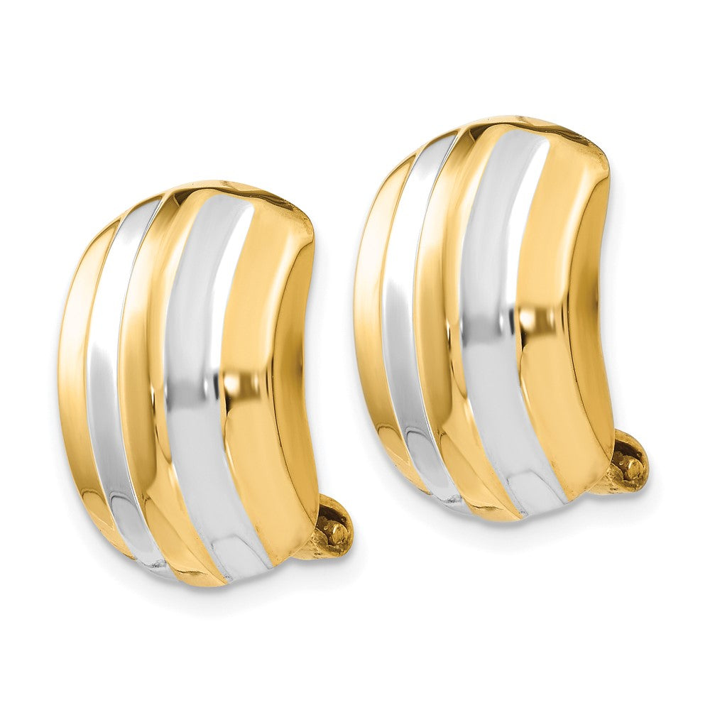 14k Yellow & Rhodium 12 mm Ribbed Non-pierced Omega Back Earrings (3.22 grams)