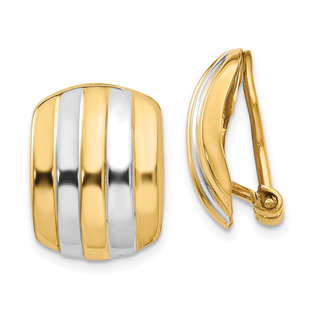 14k Yellow & Rhodium 12 mm Ribbed Non-pierced Omega Back Earrings (3.22 grams)