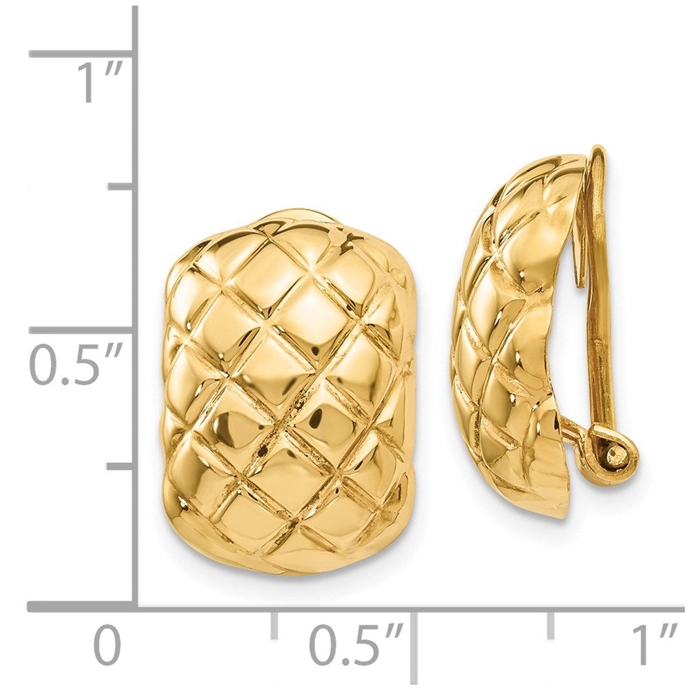 14k Yellow Gold 12 mm Polished Quilted Non-pierced Omega Back Earrings (3.18 grams)