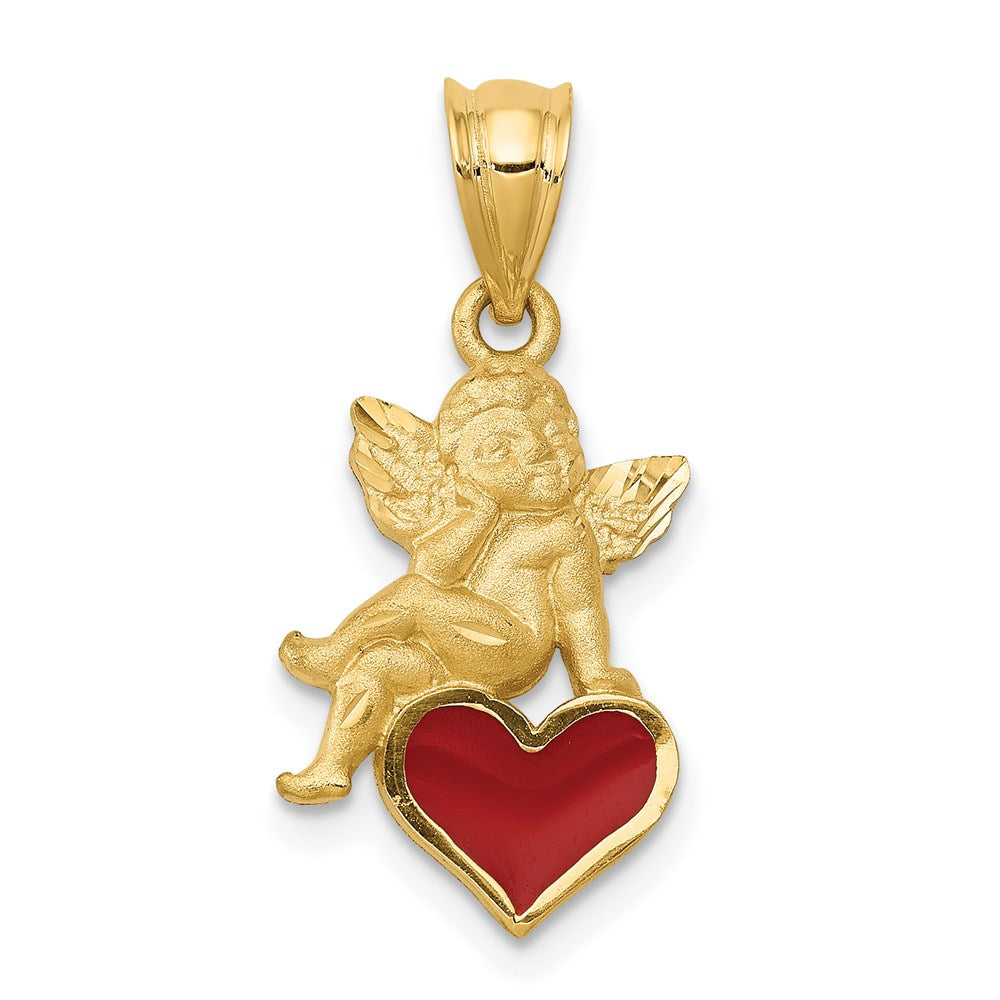 14k Yellow Gold 12 mm Enameled Angel on Heart Pendant (1.52 grams)