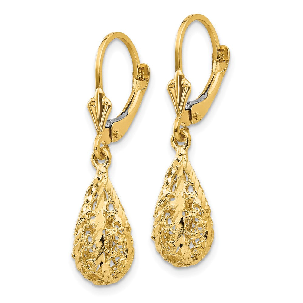 14k Yellow Gold 7 mm Polished Diamond-Cut Filigree Dangle Leverback Earrings (2.29 grams)