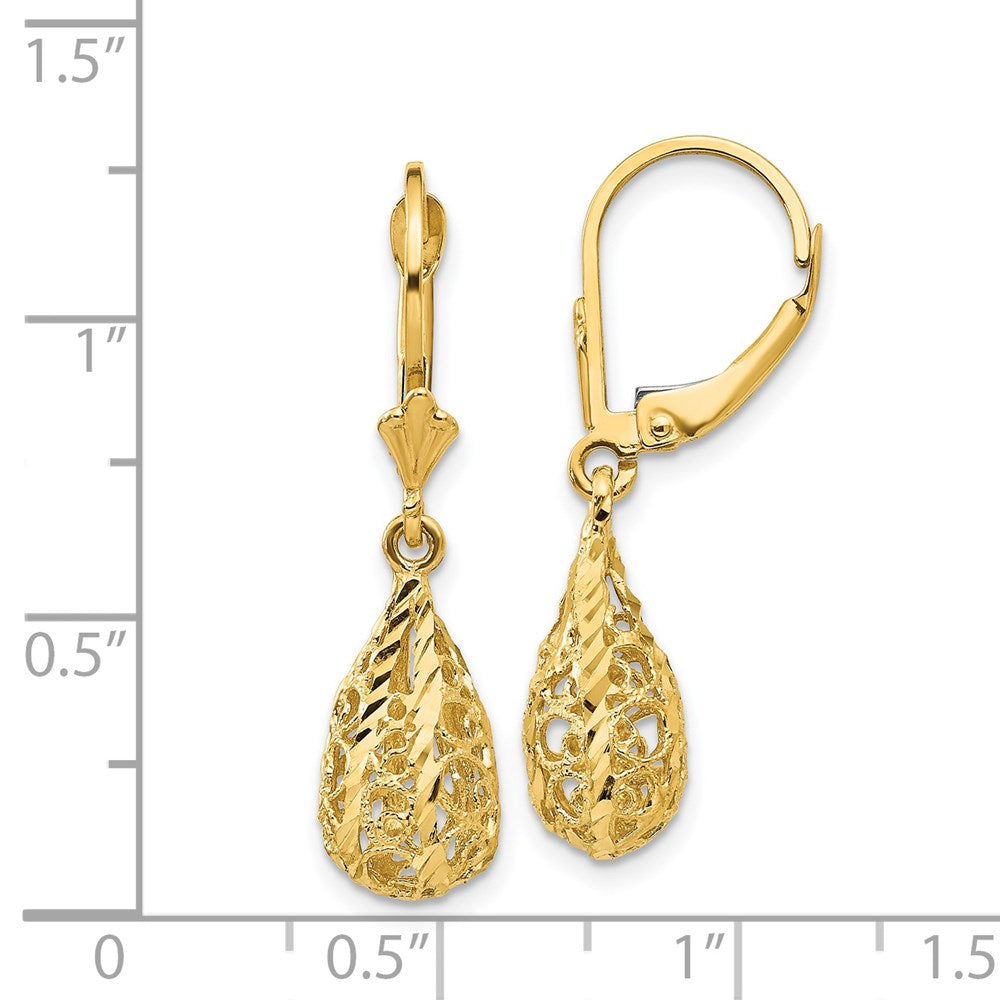 14k Yellow Gold 7 mm Polished Diamond-Cut Filigree Dangle Leverback Earrings (2.29 grams)