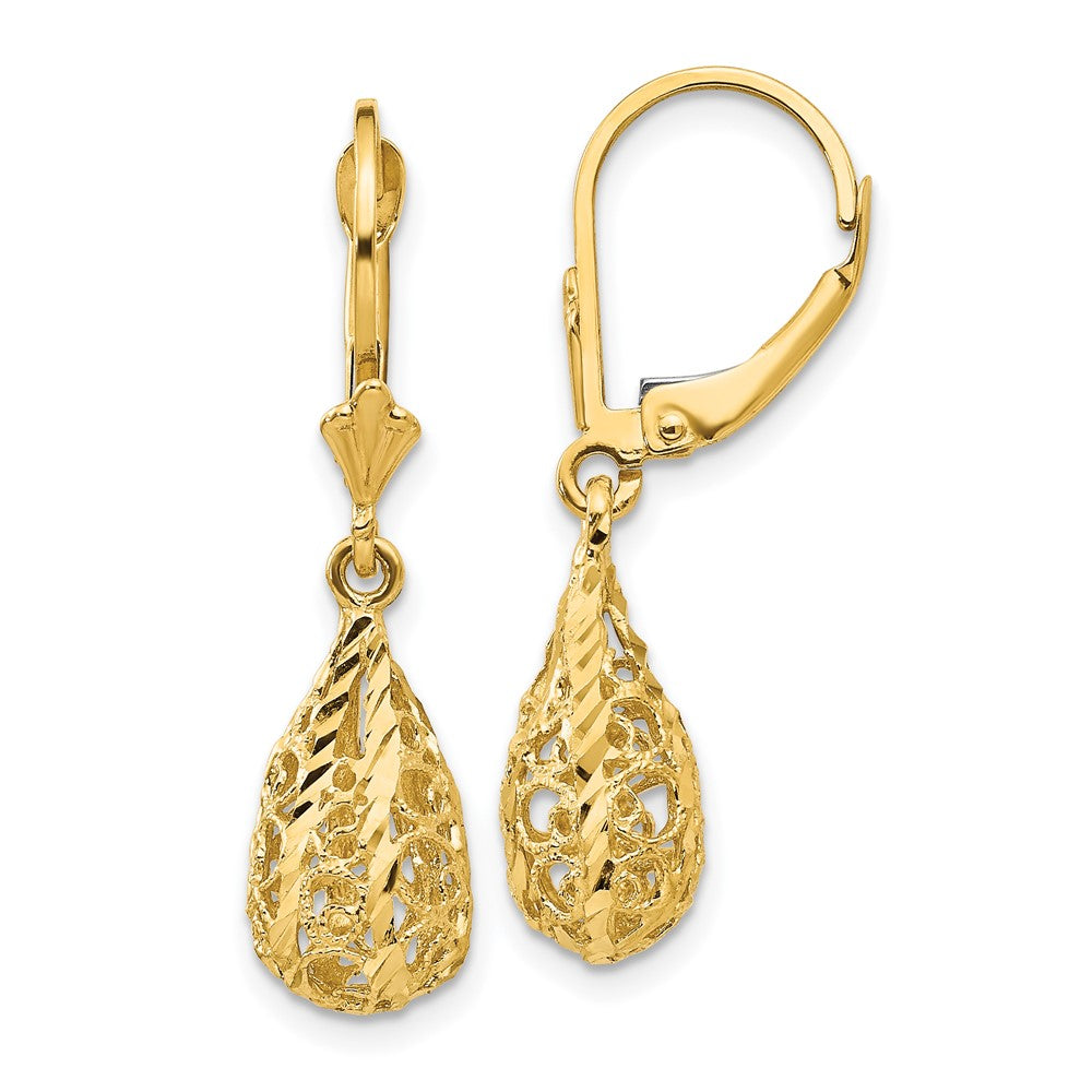14k Yellow Gold 7 mm Polished Diamond-Cut Filigree Dangle Leverback Earrings (2.29 grams)