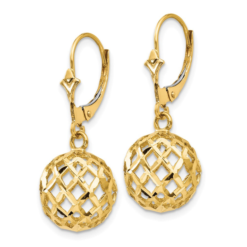 14k Yellow Gold 12 mm Polished & Diamond-Cut Mesh Ball Dangle Leverback Earrings (3.03 grams)