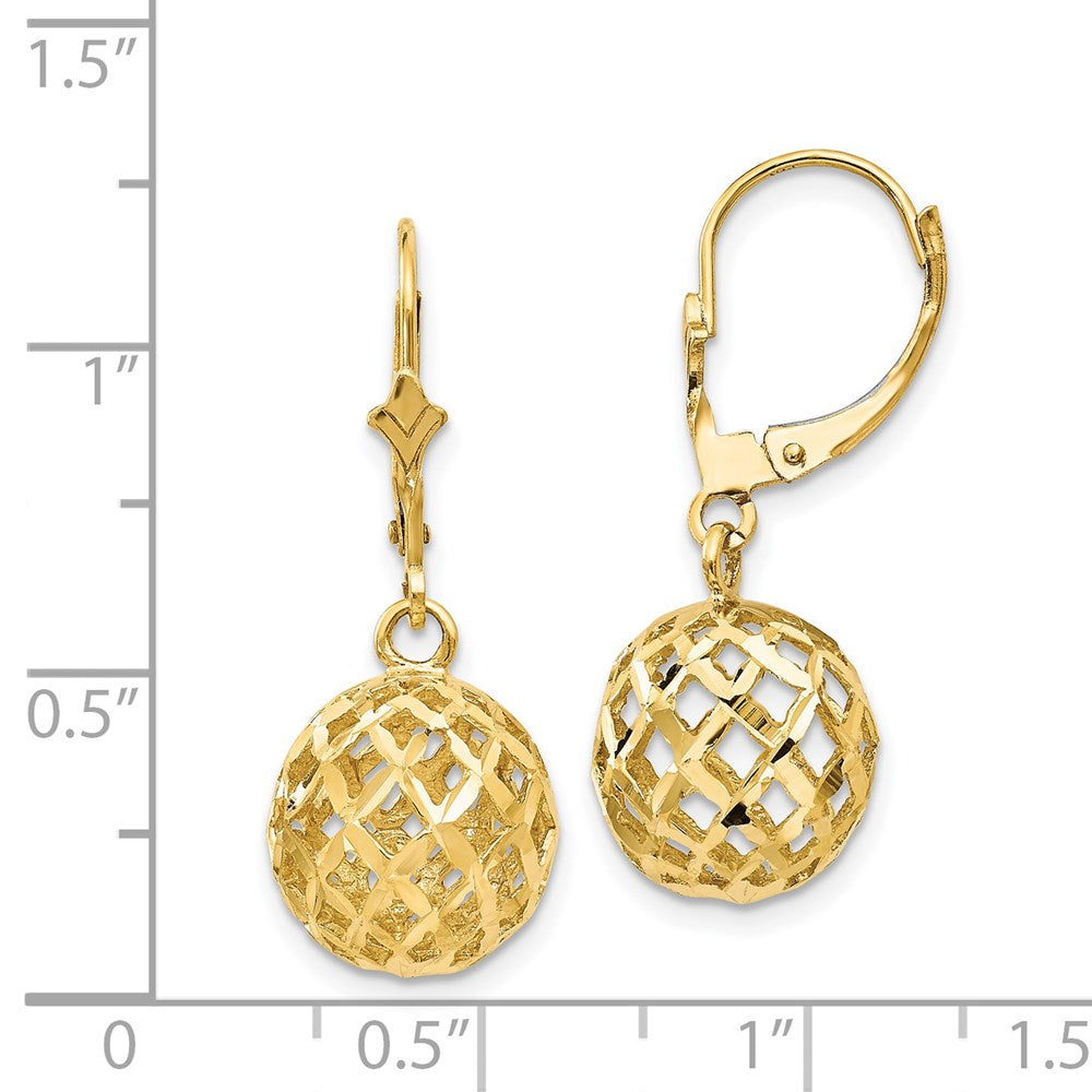 14k Yellow Gold 12 mm Polished & Diamond-Cut Mesh Ball Dangle Leverback Earrings (3.03 grams)