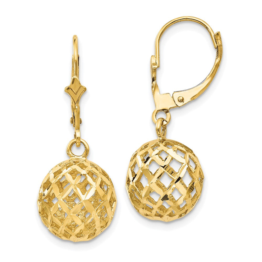 14k Yellow Gold 12 mm Polished & Diamond-Cut Mesh Ball Dangle Leverback Earrings (3.03 grams)
