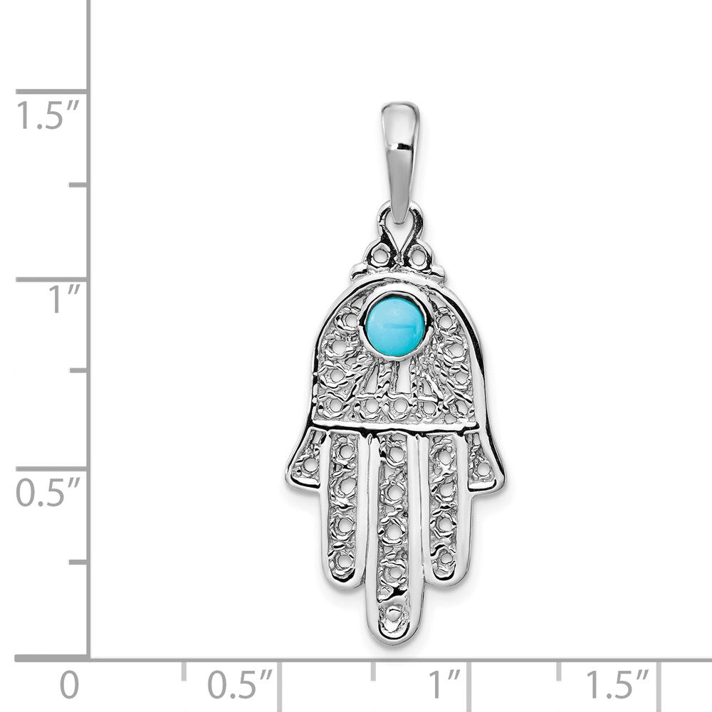 14k White Gold 15 mm Turquoise Filigree Chamseh Pendant (2.38 grams)