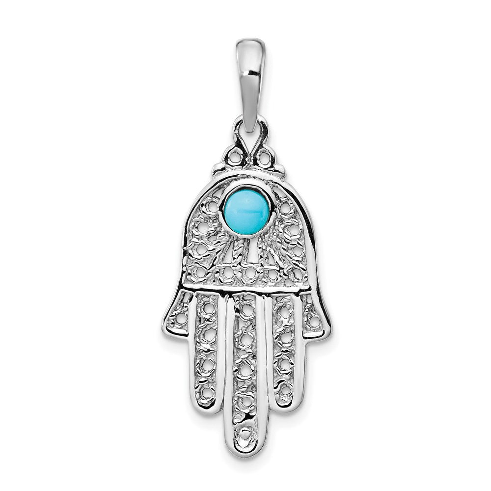 14k White Gold 15 mm Turquoise Filigree Chamseh Pendant (2.38 grams)