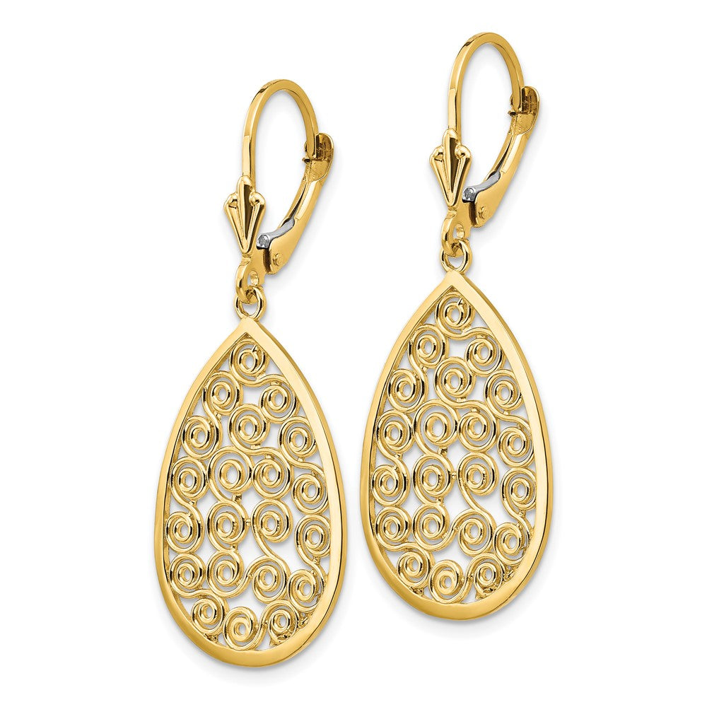14k Yellow Gold 16 mm Teardrop Filigree Dangle Leverback Earrings (3.23 grams)