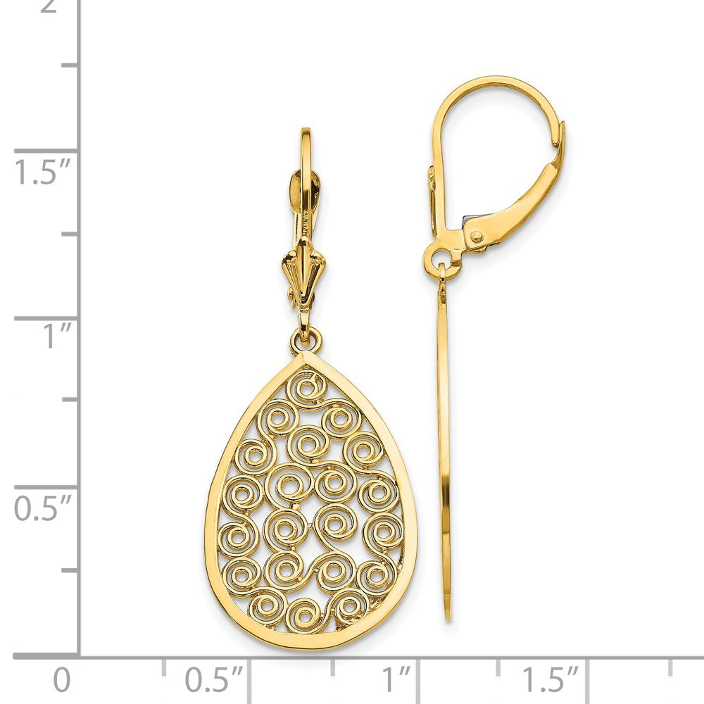 14k Yellow Gold 16 mm Teardrop Filigree Dangle Leverback Earrings (3.23 grams)