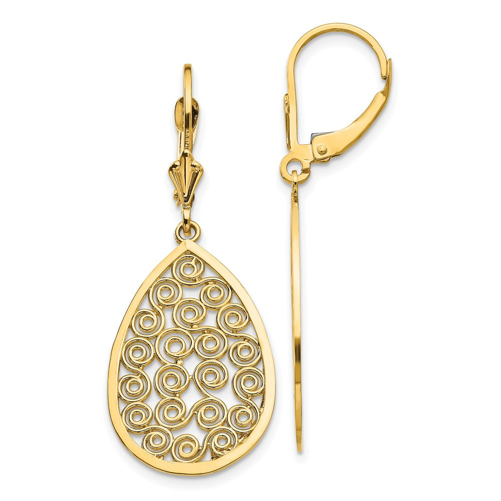 14k Yellow Gold 16 mm Teardrop Filigree Dangle Leverback Earrings (3.23 grams)