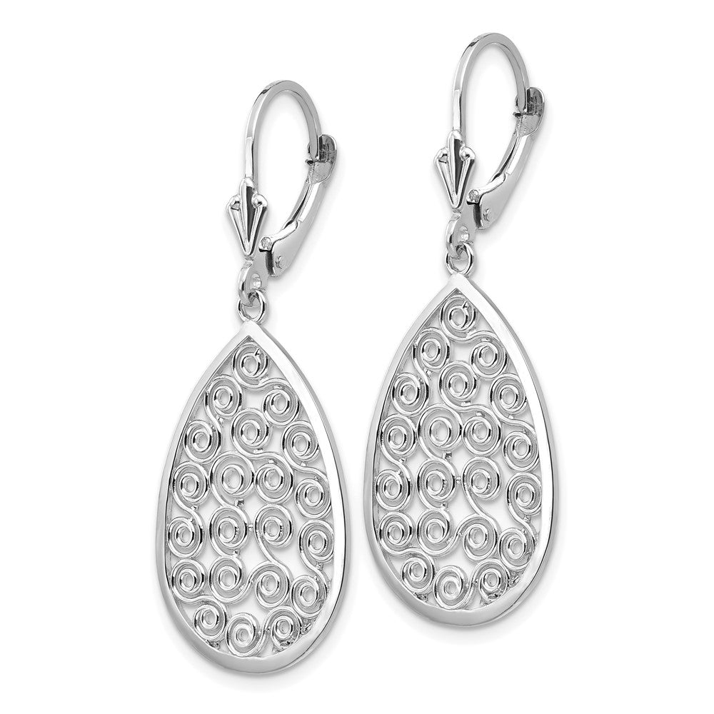 14k White Gold 16 mm Teardrop Filigree Dangle Leverback Earrings (3.23 grams)