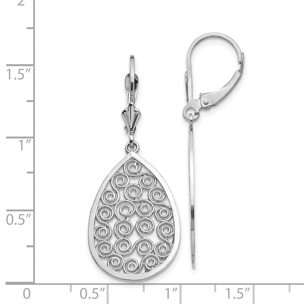 14k White Gold 16 mm Teardrop Filigree Dangle Leverback Earrings (3.23 grams)