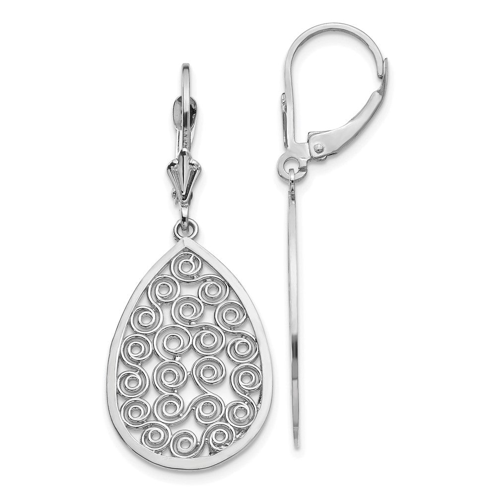 14k White Gold 16 mm Teardrop Filigree Dangle Leverback Earrings (3.23 grams)