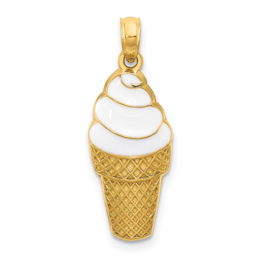 14k Yellow Gold 9 mm Enameled Vanilla Ice Cream Cone Pendant (1.57 grams)