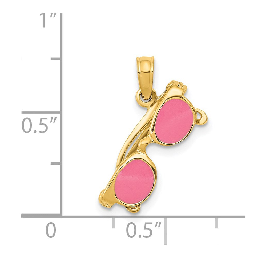 14k Yellow Gold 15 mm 3-D Pink Enameled Moveable Sunglasses Pendant (1.2 grams)