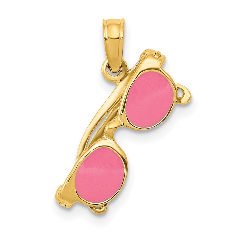 14k Yellow Gold 15 mm 3-D Pink Enameled Moveable Sunglasses Pendant (1.2 grams)