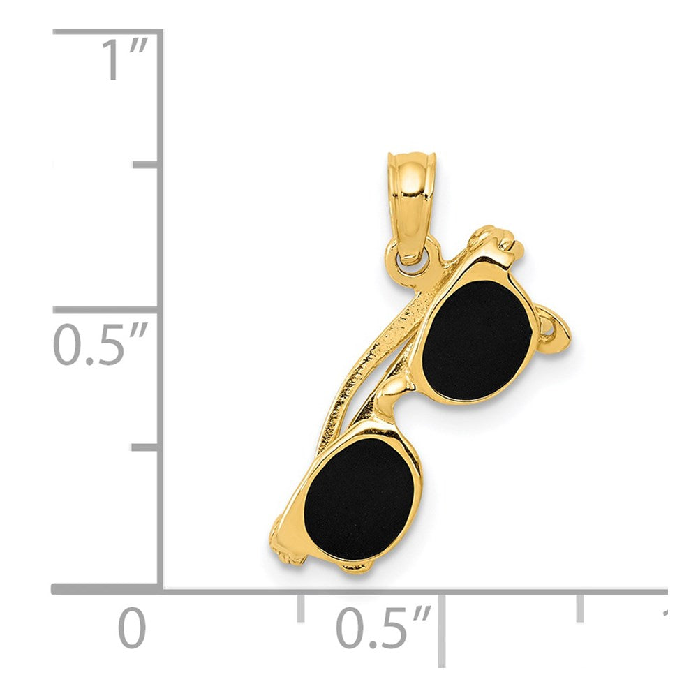 14k Yellow Gold 15 mm 3-D Black Enameled Moveable Sunglasses Pendant (1.27 grams)