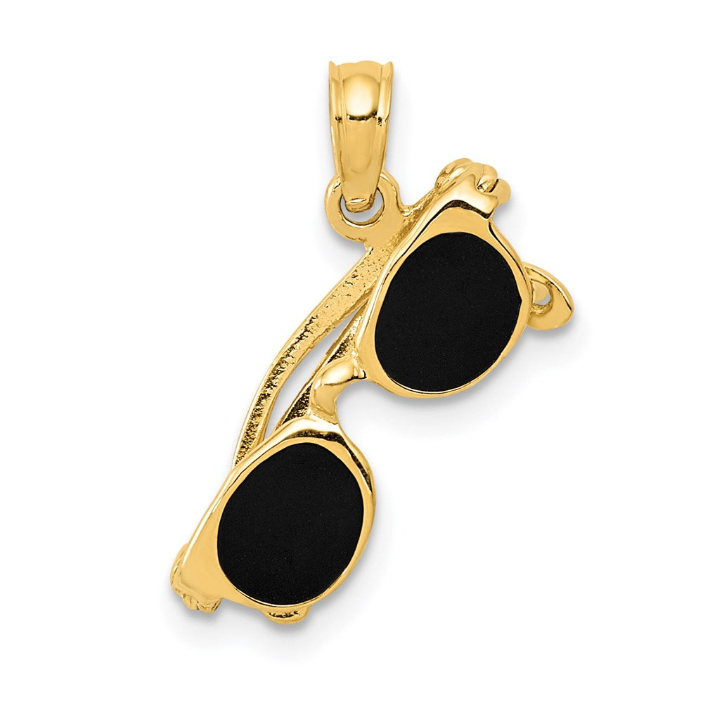 14k Yellow Gold 15 mm 3-D Black Enameled Moveable Sunglasses Pendant (1.27 grams)