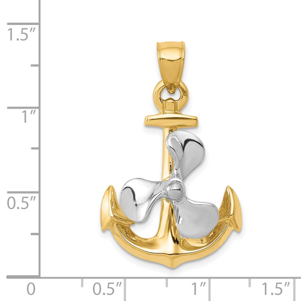 14k Two-tone 21 mm 3-D Anchor w/Moveable Propeller Pendant (6.05 grams)