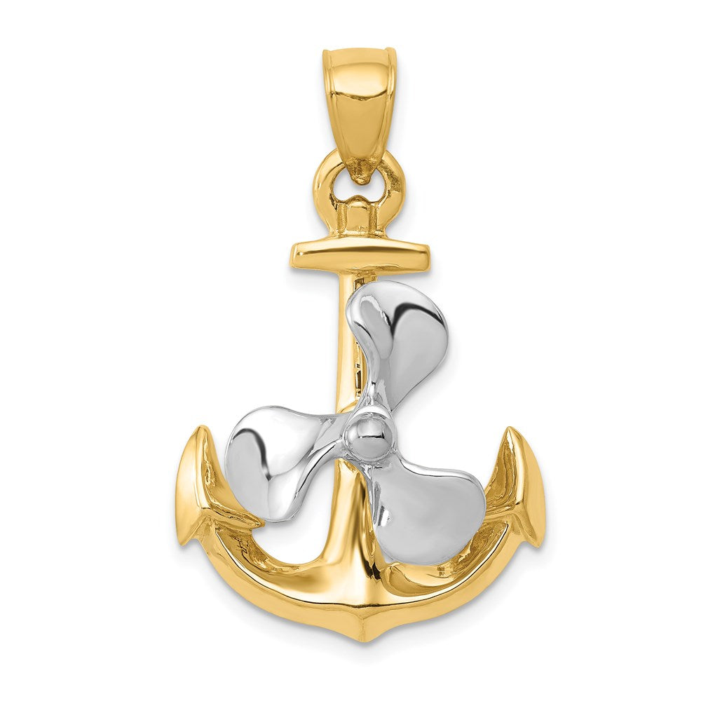 14k Two-tone 21 mm 3-D Anchor w/Moveable Propeller Pendant (6.05 grams)