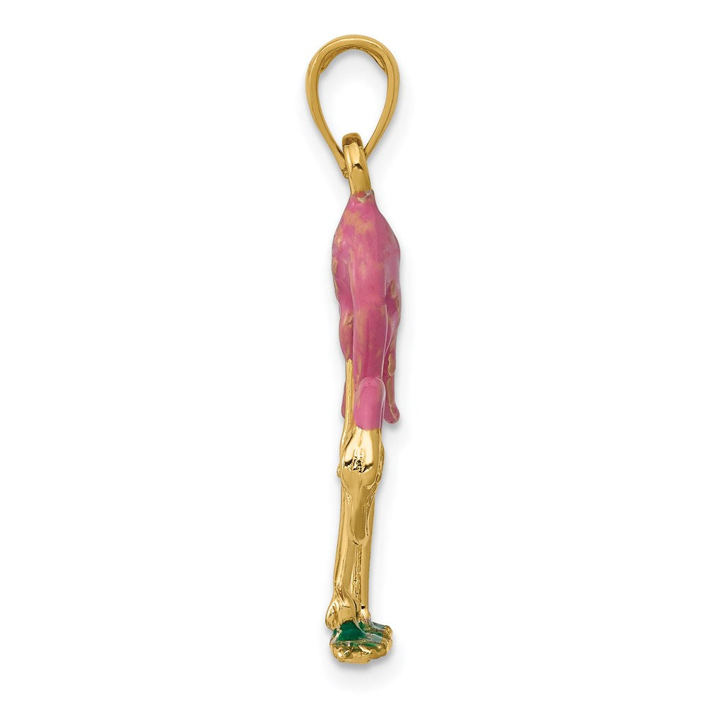 14k Yellow Gold 17 mm Enameled 3-D Pink Flamingo Pendant (2.48 grams)