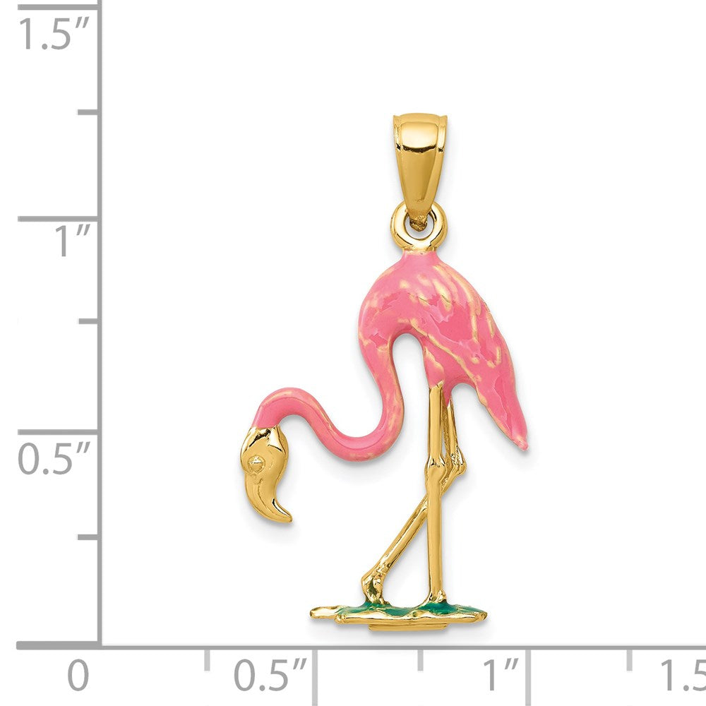 14k Yellow Gold 17 mm Enameled 3-D Pink Flamingo Pendant (2.48 grams)