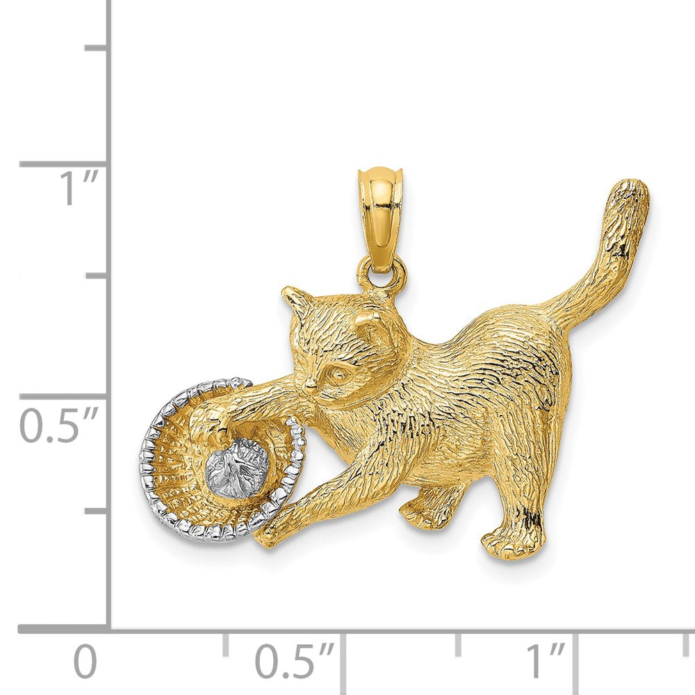 14k Yellow & Rhodium 30.9 mm Cat Playing with Yarn in Basket Charm (4.29 grams)