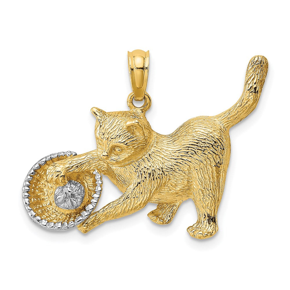 14k Yellow & Rhodium 30.9 mm Cat Playing with Yarn in Basket Charm (4.29 grams)