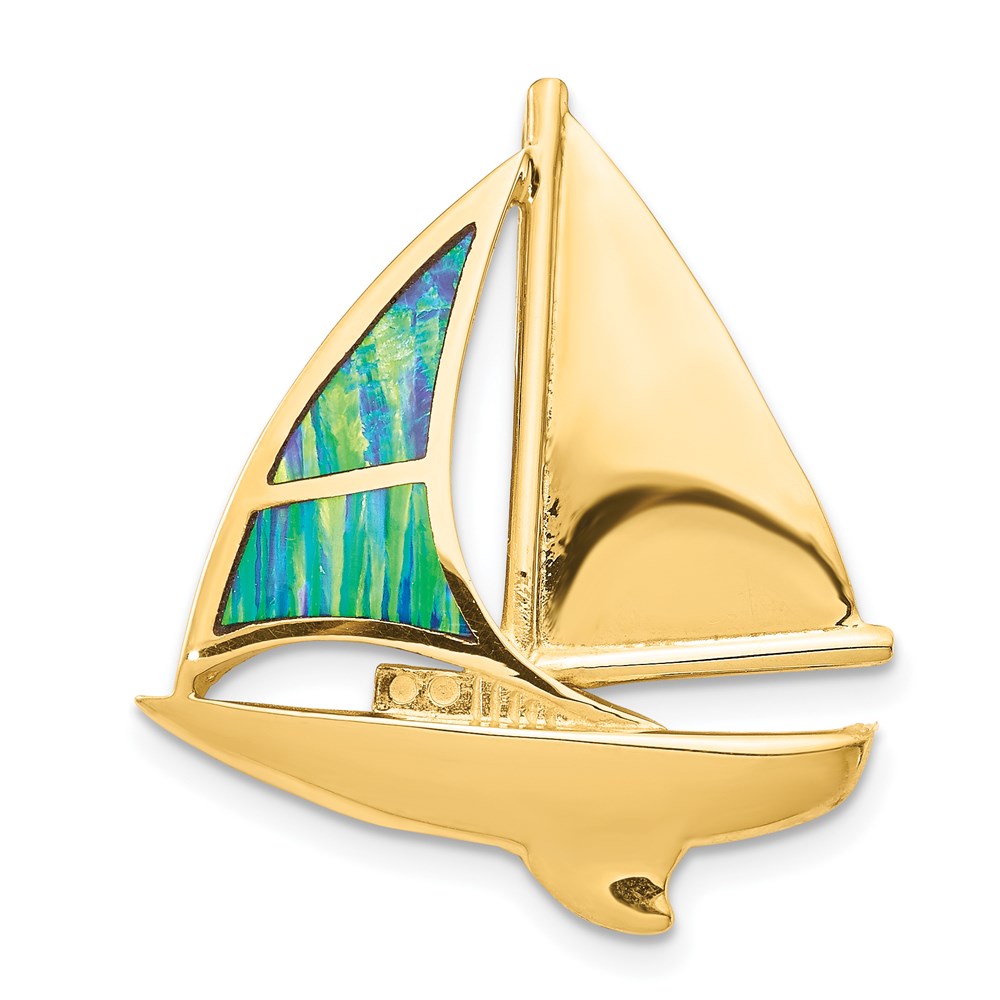 14k Yellow Gold 24 mm Imitation Opal Sailboat Slide (3.15 grams)