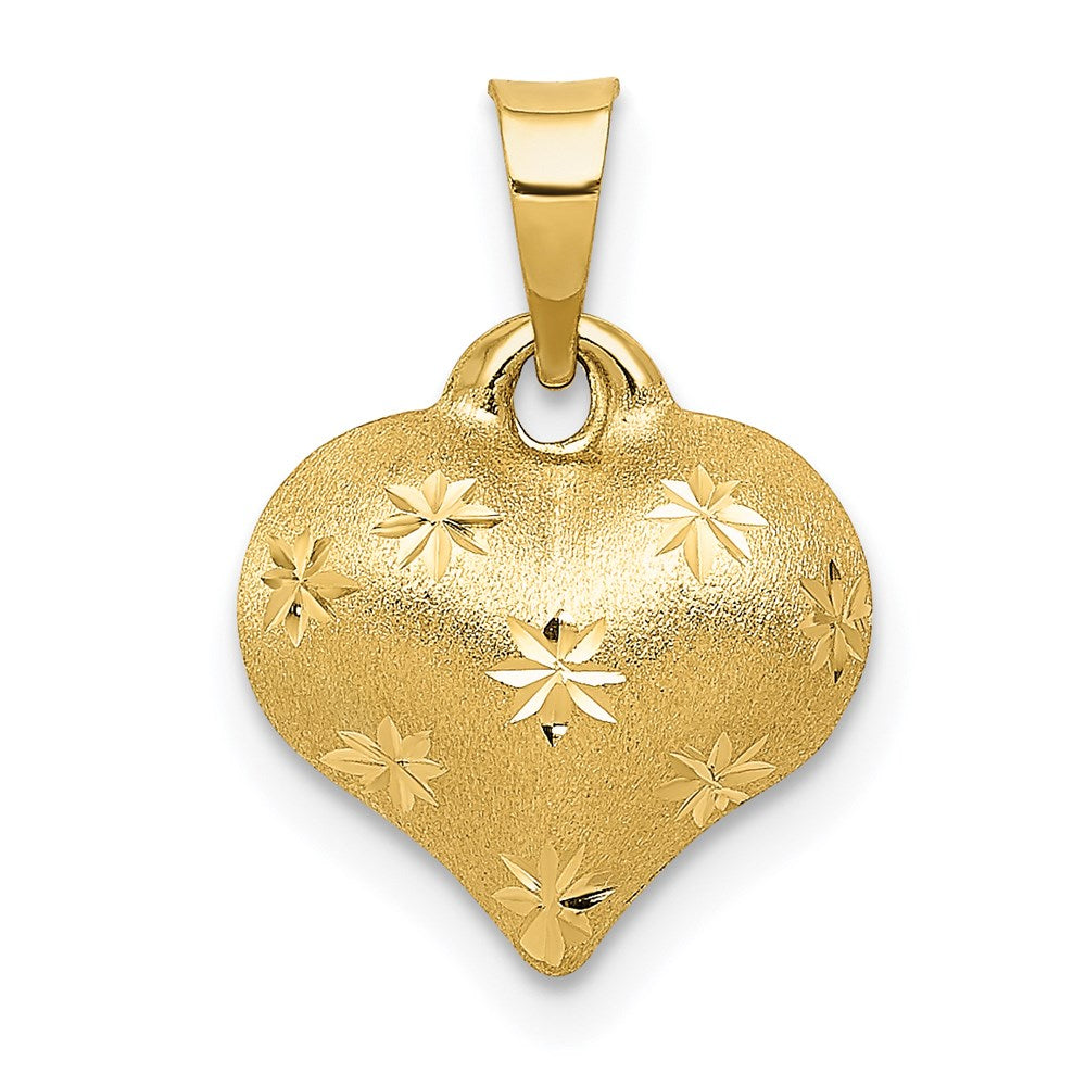 14k Yellow Gold 11 mm Polished and Satin Diamond-cut 3-D Puffed Heart Pendant