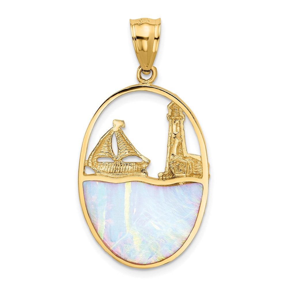 14k Yellow Gold 19 mm Lab Created Opal Lighthouse Sailboat Pendant (3.23 grams)