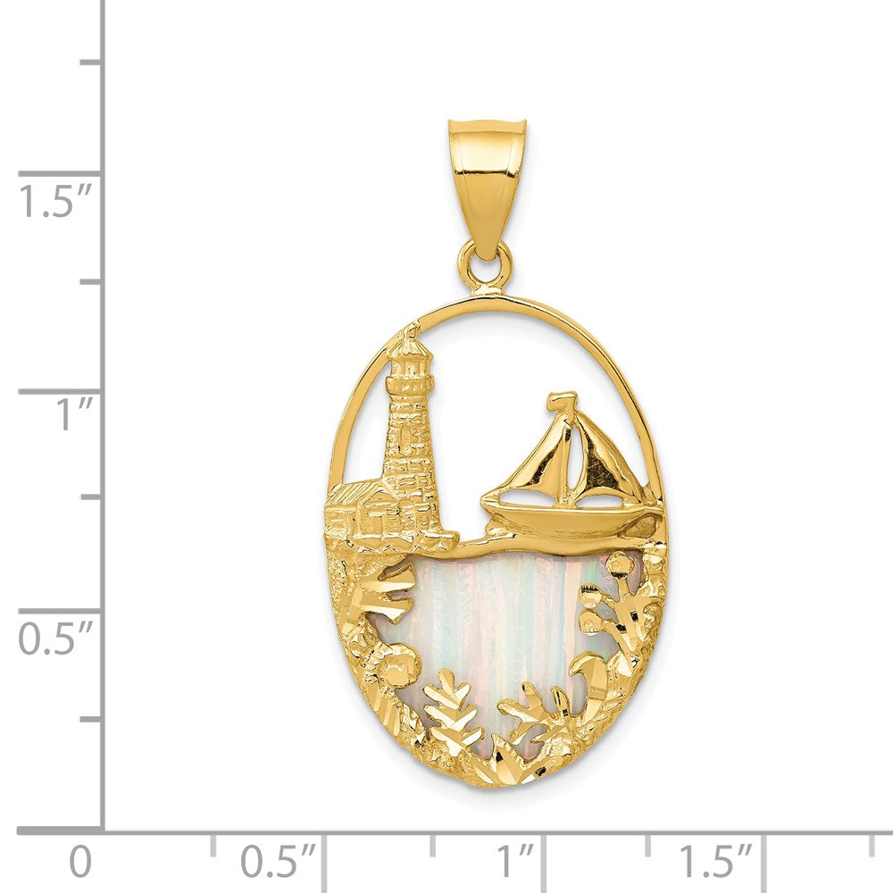 14k Yellow Gold 19 mm Lab Created Opal Lighthouse Sailboat Pendant (3.23 grams)