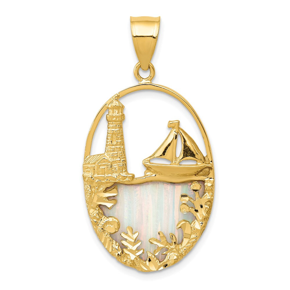 14k Yellow Gold 19 mm Lab Created Opal Lighthouse Sailboat Pendant (3.23 grams)
