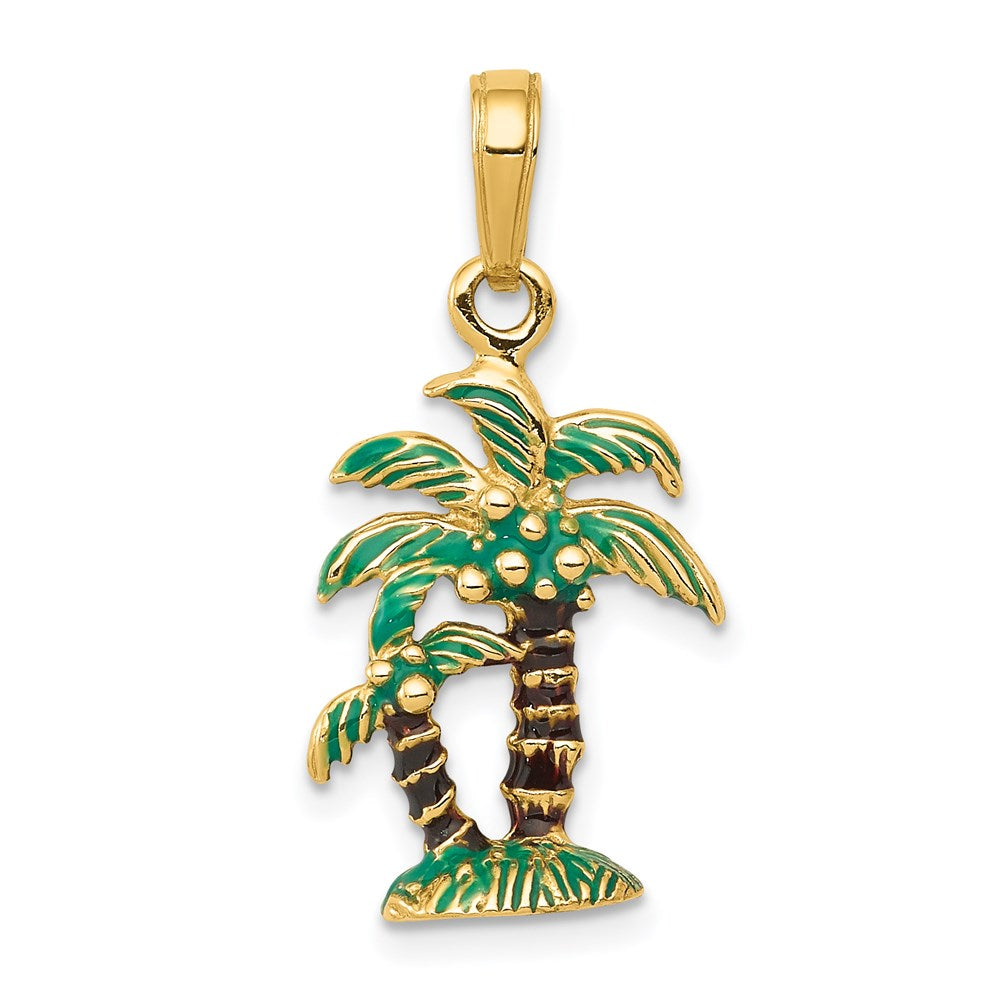 14k Yellow Gold 13 mm 3D Enameled Palm Trees Pendant (2.02 grams)