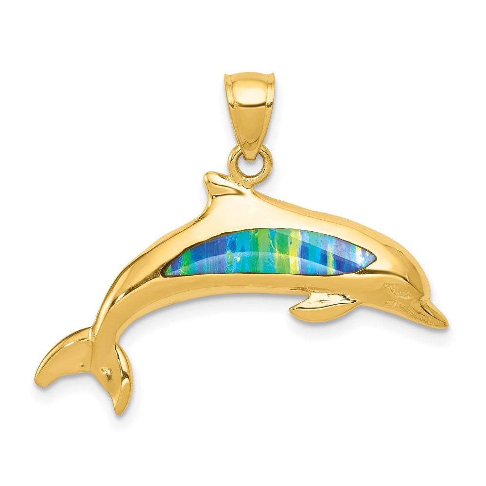 14k Yellow Gold 27 mm Lab Created Opal Dolphin Pendant (2.58 grams)
